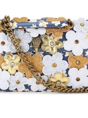 Kurt Geiger Navy Floral Appliqué Shoulder Bag with Gold Chain